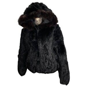 Knoles & Carter Black Rabbit Fur Bomber Hooded Jacket + Pockets Womens 3XL EUC